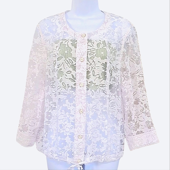 Lark Lane Burnout White Roll Tab Sleeve Chinch Waist Button  Drawstring Waist 12 - Picture 1 of 6